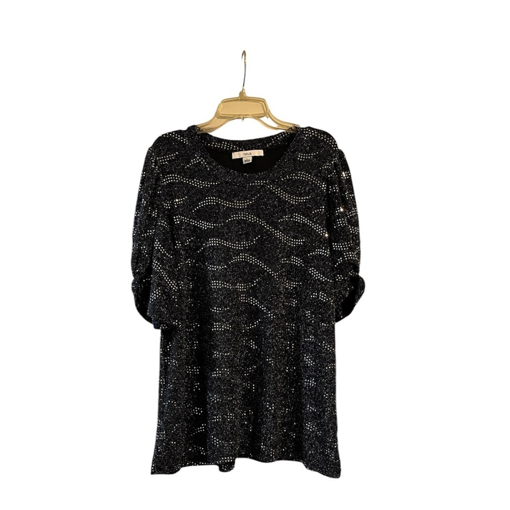 Isela Women’s Blouse Top Black with Silver Sequins Sz Large Short Sleeve Ties